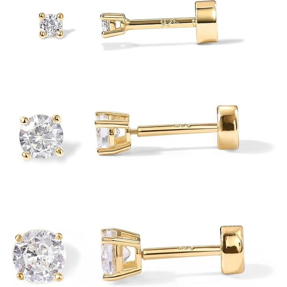14K Gold-Plated Sterling Silver Small Stud Earrings Set of 3 for Women Hypoalle